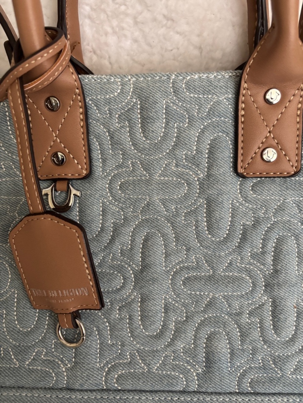 True Religion Light Blue Quilted Tote Bag with Tan Trim - Picture 4 of 11